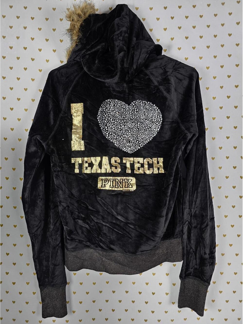 Victorias Secret Pink I LOVE TEXAS TECH Velour Parka Bling Jacket VTG y2k GRAIL